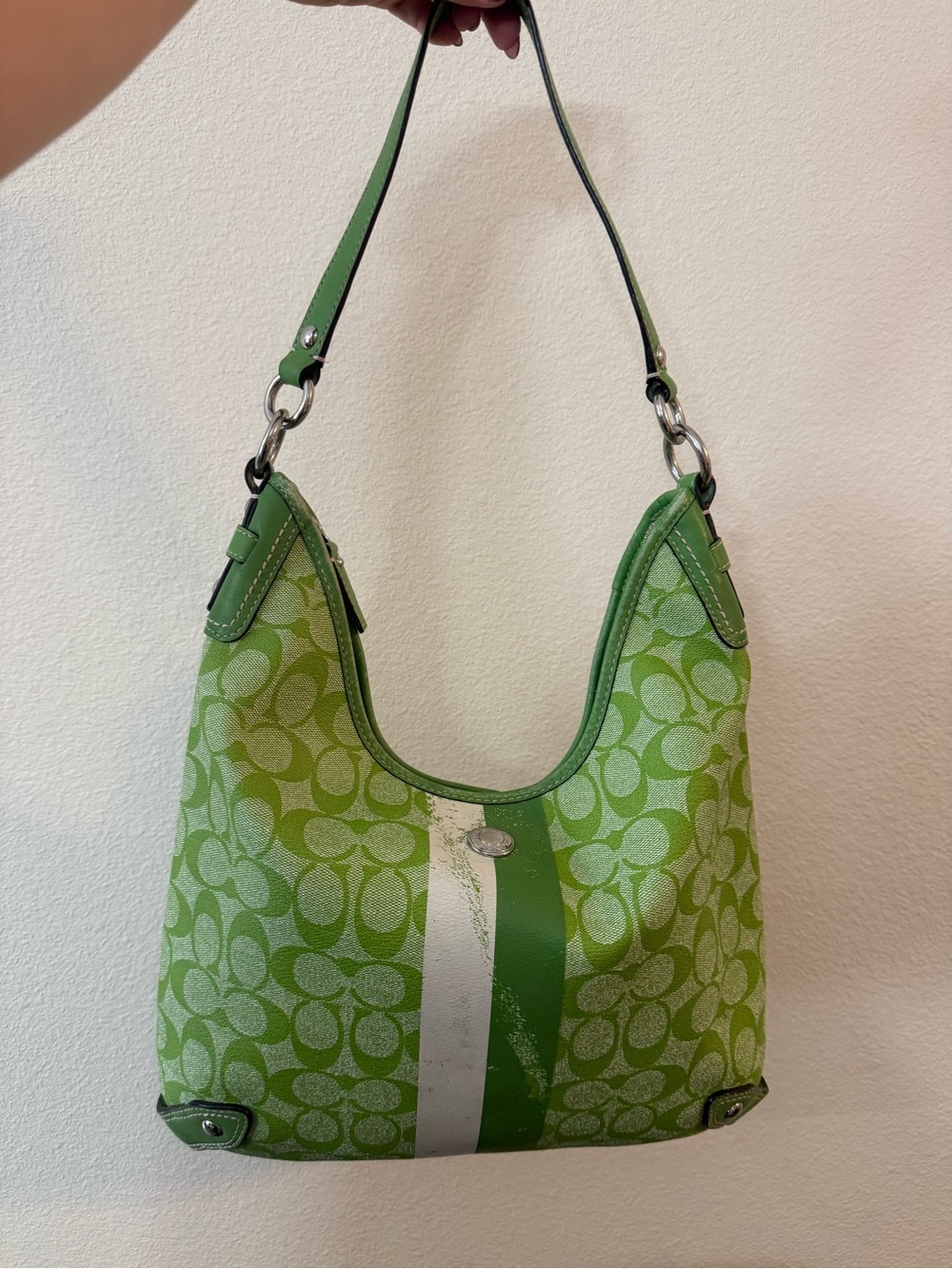 Coach Green Signature Canvas Hobo with Center Stripe